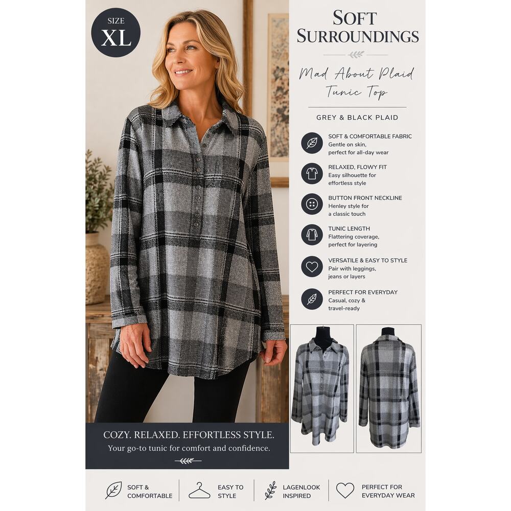 Soft Surroundings Mad About Plaid Tunic Top Grey Black XL Casual Relaxed
